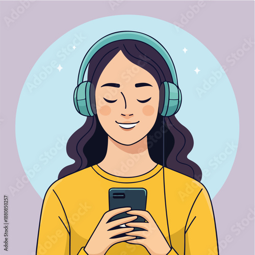 Woman listening music on phone indoors