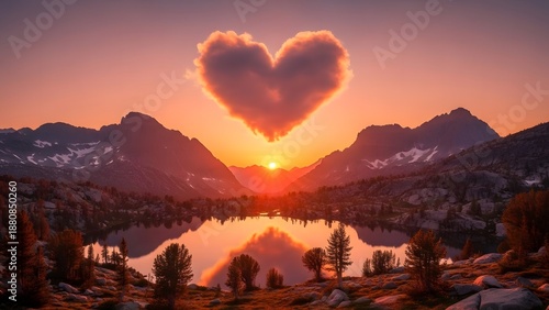 Wallpaper Mural Heart shaped sunset over serene mountain lake with snow capped peaks Torontodigital.ca