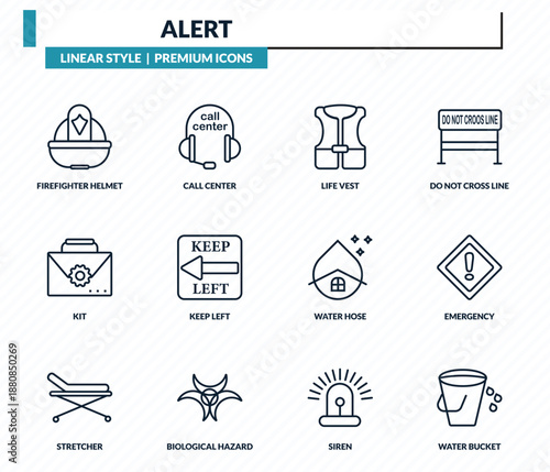 alert icons set - firefighter helmet, call center, life vest, emergency, water bucket outline vector collection.