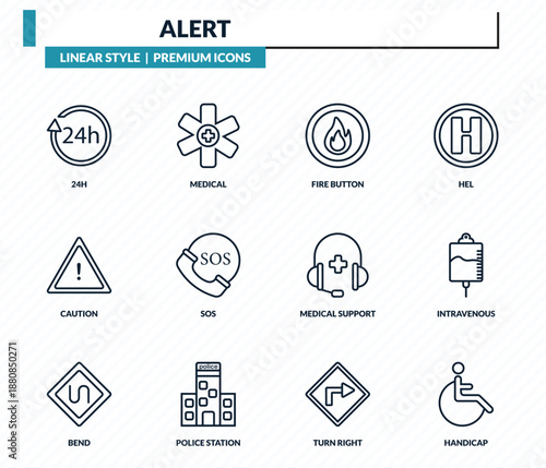 alert icons set - 24h, medical, fire button, intravenous, handicap outline vector collection.