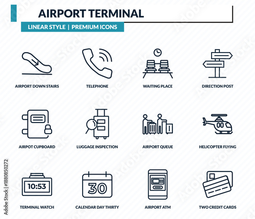 airport terminal icons set - airport down stairs, telephone, waiting place, helicopter flying, two credit cards outline vector collection.