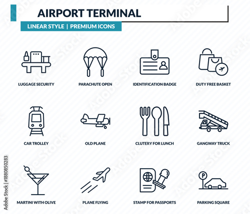 airport terminal icons set - luggage security, parachute open, identification badge, gangway truck, parking square outline vector collection.