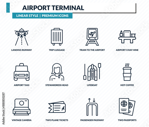 airport terminal icons set - landing runway, trip luggage, train to the airport, hot coffee, two passports outline vector collection.