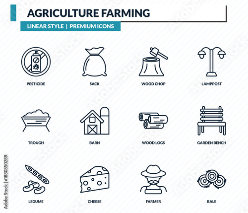 agriculture farming icons set - pesticide, sack, wood chop, garden bench, bale outline vector collection.