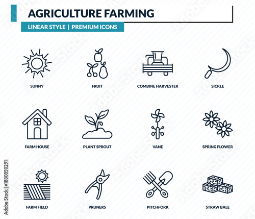 agriculture farming icons set - sunny, fruit, combine harvester, spring flower, straw bale outline vector collection.