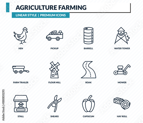 agriculture farming icons set - hen, pickup, barrell, mower, hay roll outline vector collection.