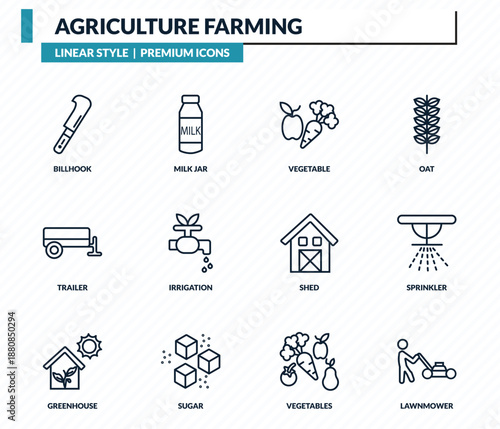 agriculture farming icons set - billhook, milk jar, vegetable, sprinkler, lawnmower outline vector collection.