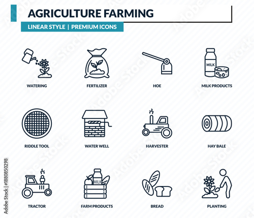 agriculture farming icons set - watering, fertilizer, hoe, hay bale, planting outline vector collection.