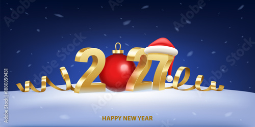 Happy New Year 2027. Golden 3D numbers with Santa hat, red Christmas ball on a night snowy background.
