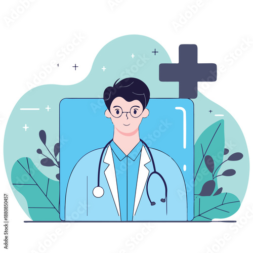 Doctor smiling in front of medical chart illustration