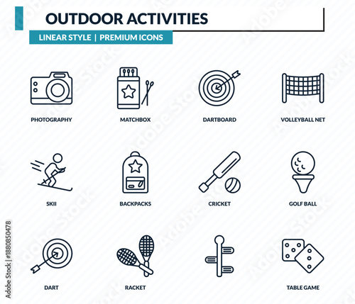 outdoor activities icons set - photography, matchbox, dartboard, golf ball, table game outline vector collection.