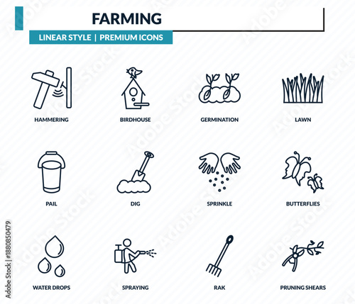 farming icons set - hammering, birdhouse, germination, butterflies, pruning shears outline vector collection.