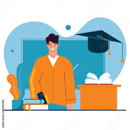 Student standing near desk with books in classroom environment
