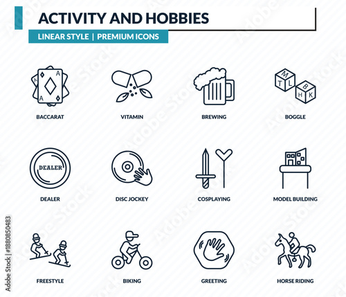 activity and hobbies icons set - baccarat, vitamin, brewing, model building, horse riding outline vector collection.
