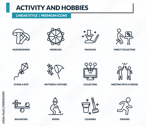 activity and hobbies icons set - mushrooming, modeling, magician, meeting with a friend, jogging outline vector collection.