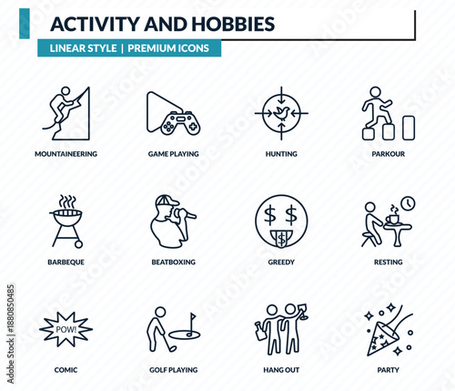activity and hobbies icons set - mountaineering, game playing, hunting, resting, party outline vector collection.