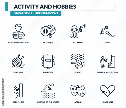 activity and hobbies icons set - newspaper readign, petanque, relaxing, mineral collecting, heart rate outline vector collection.