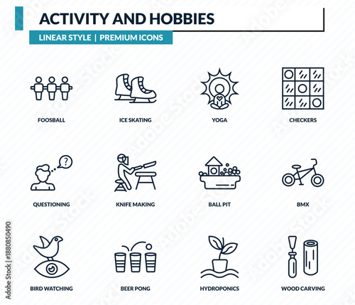 activity and hobbies icons set - foosball, ice skating, yoga, bmx, wood carving outline vector collection.