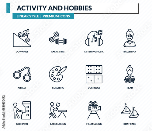 activity and hobbies icons set - downhill, exercising, listening music, read, boat race outline vector collection.