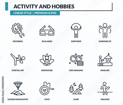 activity and hobbies icons set - repairing, 3d glasses, jump rope, sand art, walking outline vector collection.