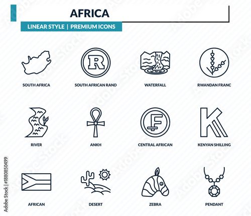 africa icons set - south africa, south african rand, waterfall, kenyan shilling, pendant outline vector collection.