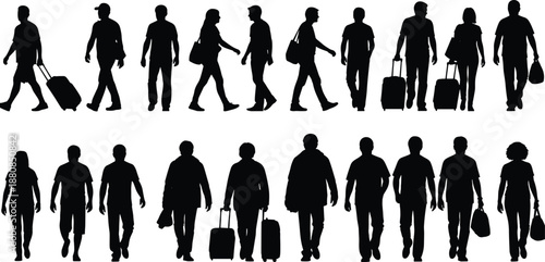 Walking people silhouette collection, travelers with luggage, urban pedestrians, men and women in motion, lifestyle, black vector illustration set