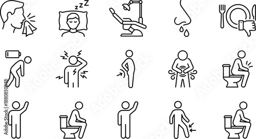 Collection of Linear Medical Symptoms Icons Illustrating Common Illnesses, Pain, Fatigue, Digestive Issues, and Health Conditions for Healthcare, Clinic, and Medical Graphic Design Projects