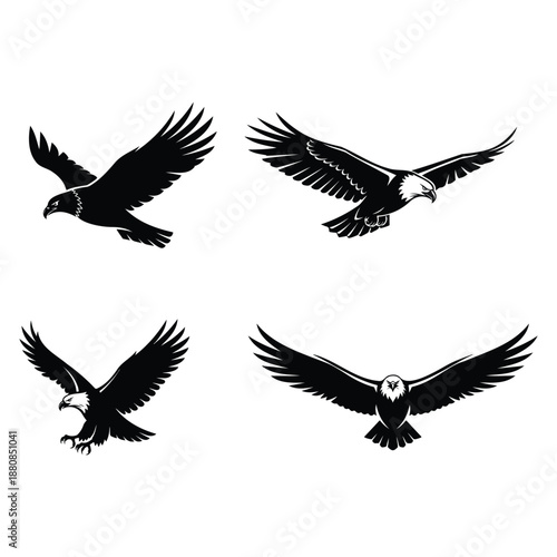 Majestic Flying Eagle Silhouette Icon with Spread Wings, Minimalist Black Vector Logo Design for Wildlife Conservation and Power Symbol