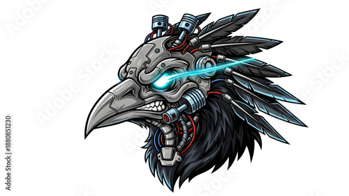 Cybernetic bird head with glowing blue eye and mechanical parts