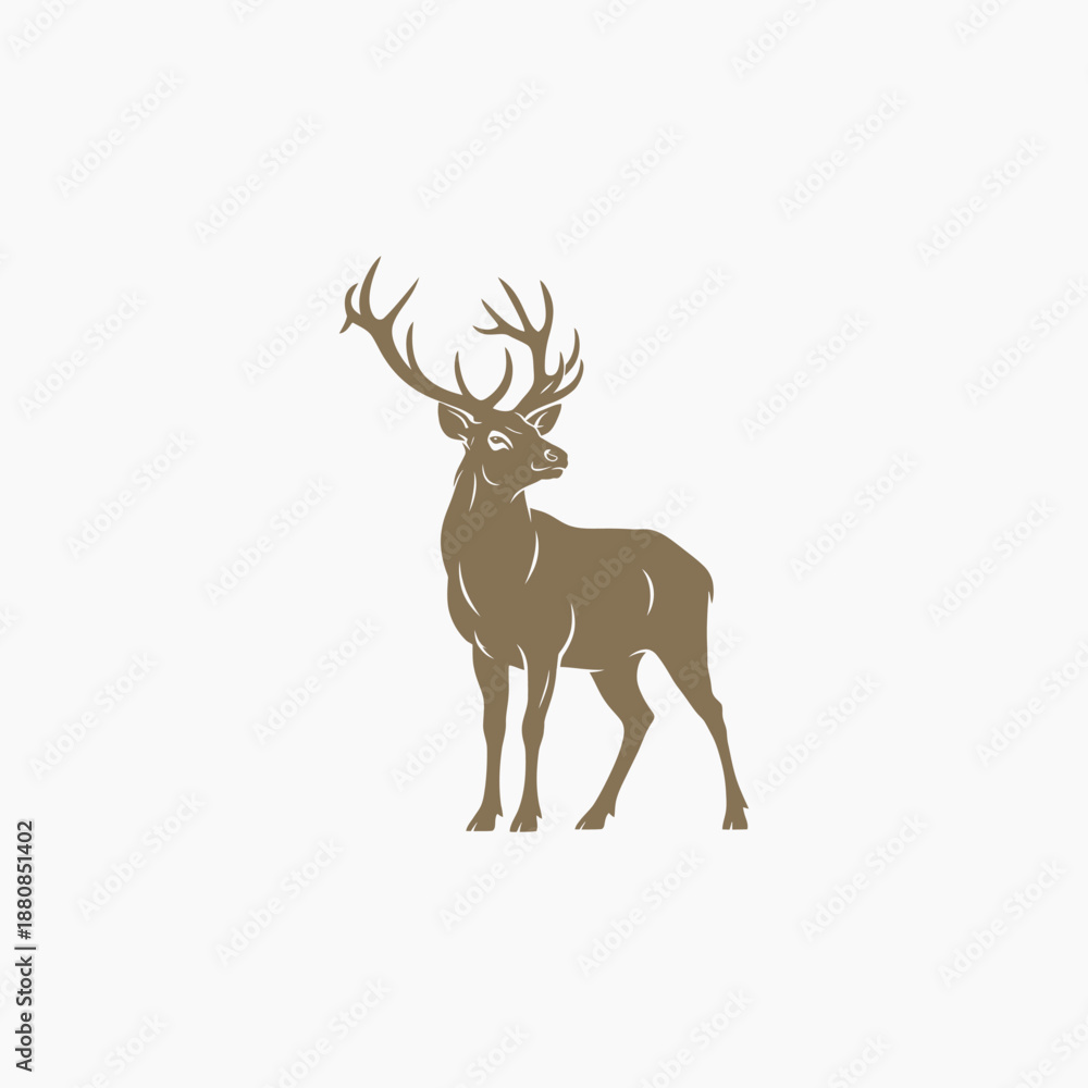 Obraz premium Regal Brown Stag Silhouette with Large Branched Antlers On White Background. Vector Logo Design.