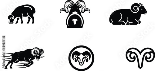 black silhouettes of rams and ram heads in various poses and designs