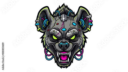 Cybernetic wolf head with neon accents and robotic features