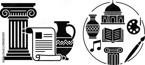 A compilation of artistic and historical elements including classical architecture, ancient pottery, musical notes, books, and art supplies