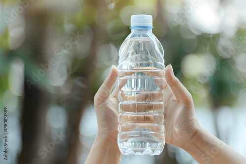 Hands holding clear plastic water bottle with water, healthy hydration lifestyle