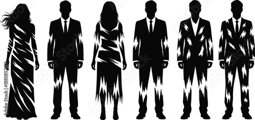 Abstract business people silhouettes with glitch distortion effect showing men and women in formal suits, modern digital art style isolated on white background illustration