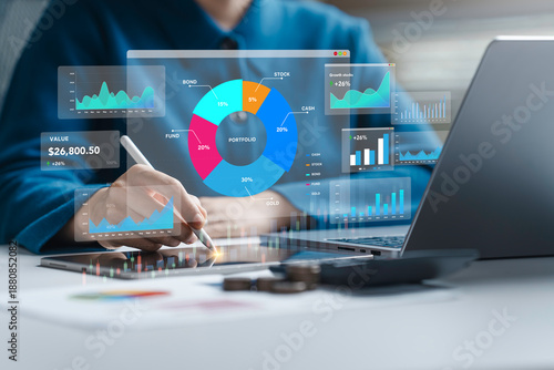 Investor use Strategy of diversified investment for managing portfolio. Asset management and rebalance, accounting and finance report concept.