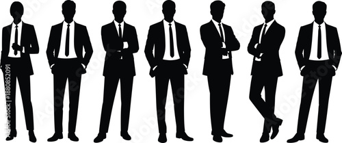 Business men silhouette collection in formal suits, professional corporate team standing poses, confident male executives figures, black vector illustration isolated on white background