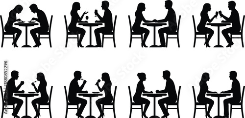 couples dating and dining silhouettes illustration, romantic restaurant interactions collection, love relationship black vector isolated