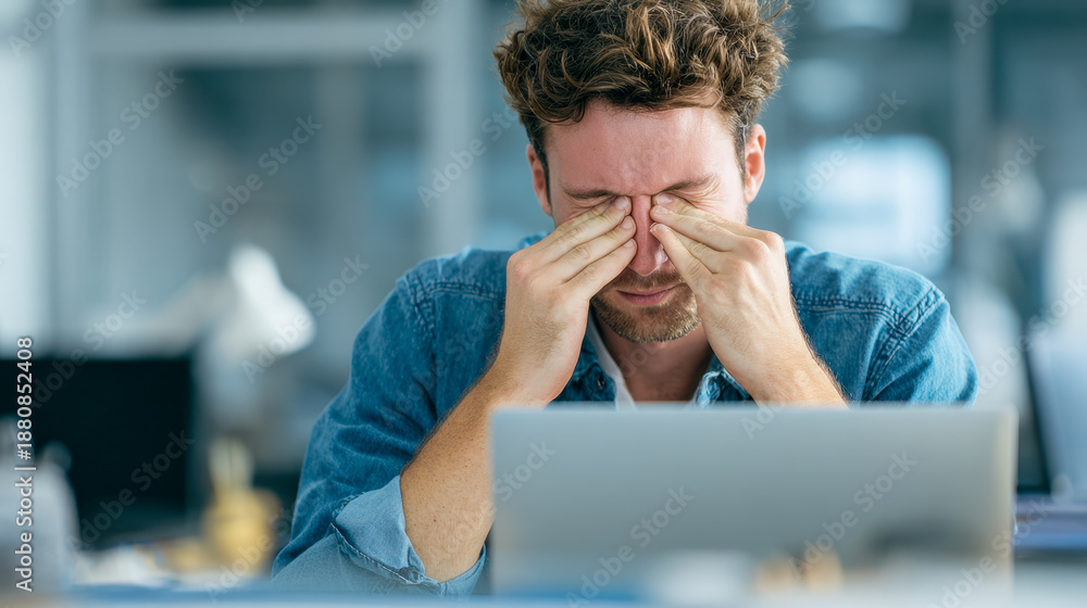 Obraz premium Young man wearing a denim shirt rubbing his eyes while working on a laptop in a modern office environment showing signs of fatigue and stress