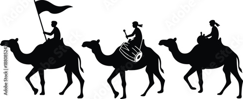 Camel rider silhouette desert caravan with flags and drums