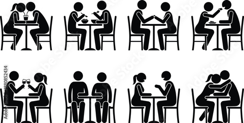 couples dining pictogram silhouettes illustration, romantic restaurant interactions icon set, love relationship black vector isolated people date concept
