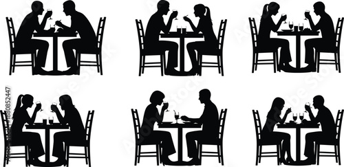 couples dining at restaurant silhouettes illustration, romantic dinner and social eating concept, people black vector isolated