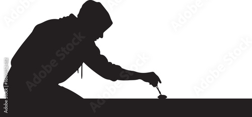 Man kneeling working silhouette vector illustration hooded person figure line art drawing