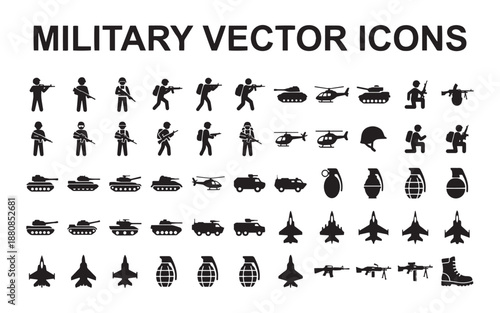 Military icons set with soldiers, tanks, and aircraft
