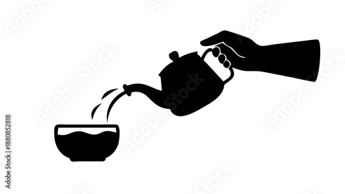 A silhouette of a hand pouring tea from a traditional teapot into a glass, creating a long stream