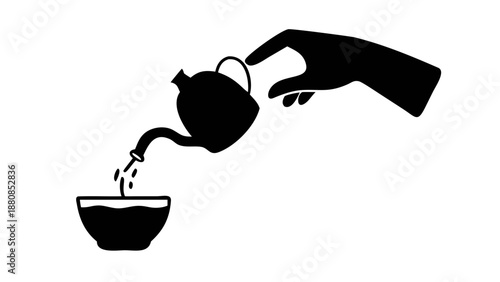 A silhouette of a hand pouring tea from a traditional teapot into a glass, creating a long stream