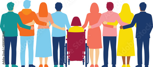 diverse people standing together illustration, inclusion equality community support concept, multicultural group with disability flat vector isolated