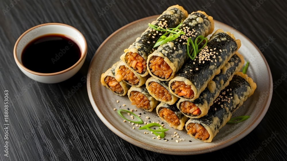 Fototapeta premium Authentic Korean street food Gimmari. Crispy deep-fried seaweed rolls filled with seasoned noodles, garnished with green onions and sesame seeds, served with soy sauce.