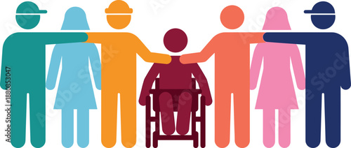 inclusive community people illustration, diversity equality and disability support concept, wheelchair inclusion flat vector isolated group