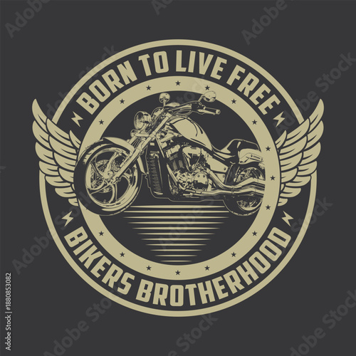 Vintage Biker Brotherhood T-Shirt Design with Motorcycle Badge and Wing Emblem